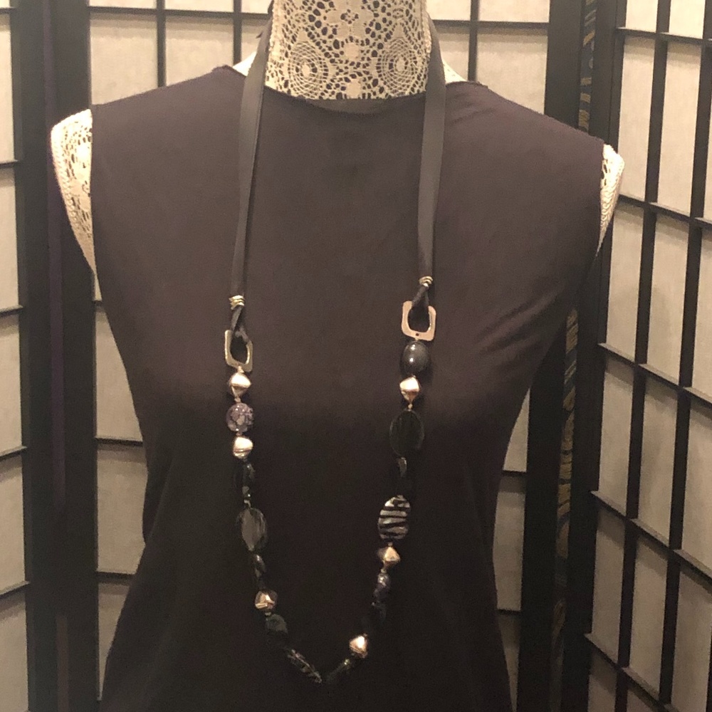 Black Ribbon Beaded Necklace
